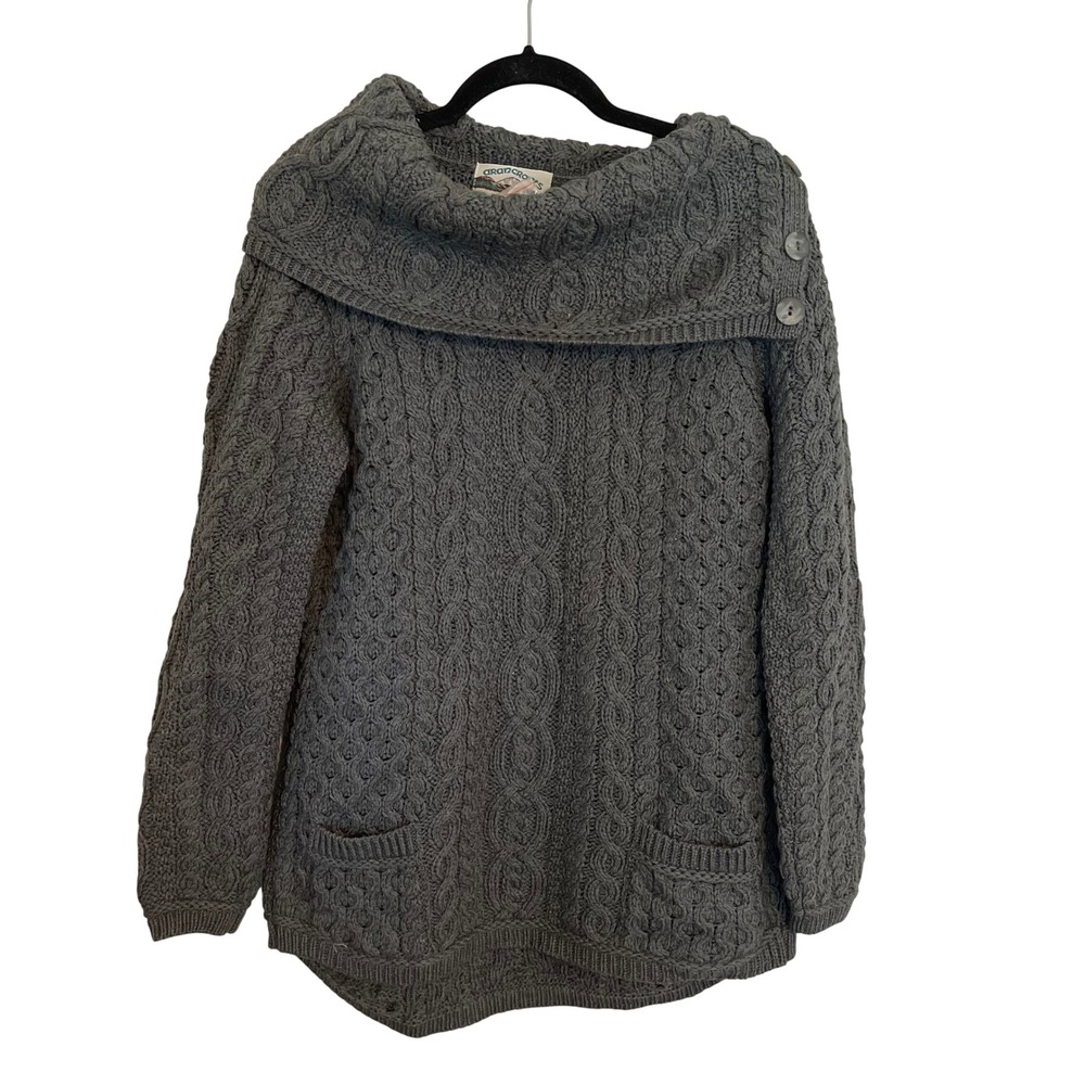 Aran Crafts Grey Merino Wool Cable Knit Cowl Neck Sweater Made in Ireland‎